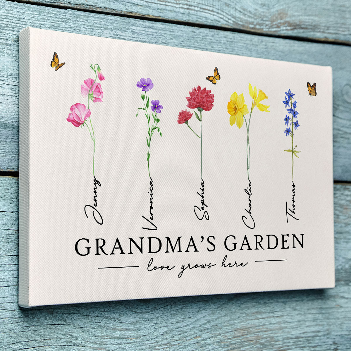Grandma‘s Garden Love Grows Here Watercolor Birth Month Flower Gift For Grandma Mom Personalized Canvas Print