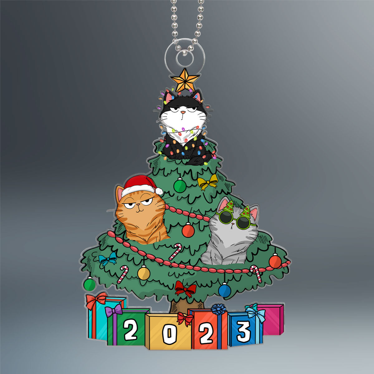 Funny Expression Cats On Christmas Tree Personalized Acrylic Ornament