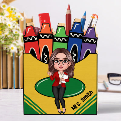 Doll Teacher Crayon Box Personalized Pen Pencil Holder, Back To School Gift