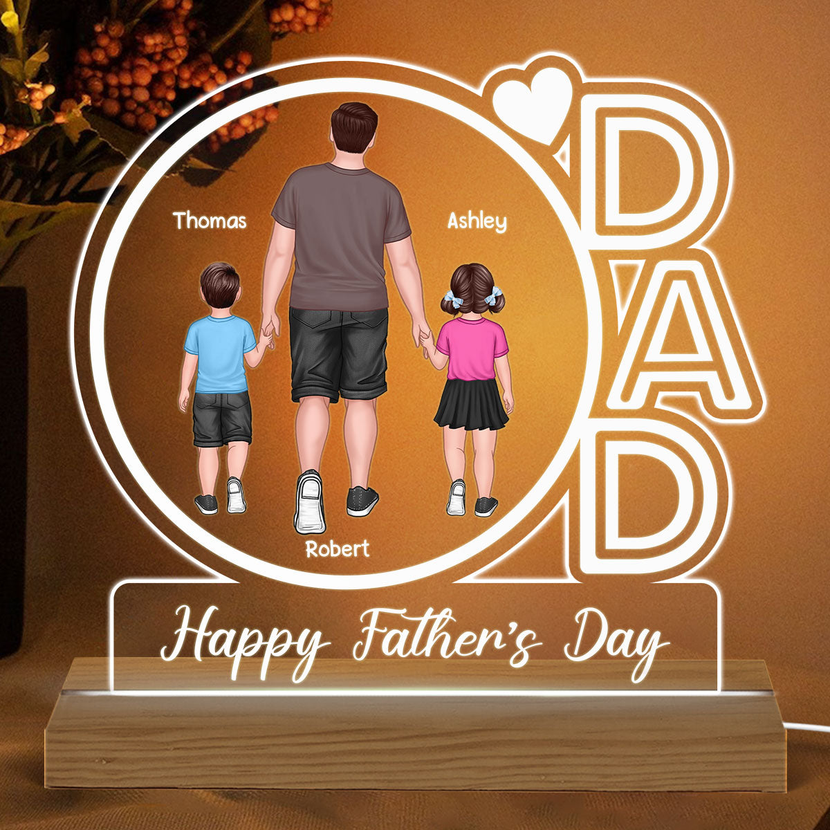 Dad We Love You Happy Father‘s Day Back View Walking Dad & Kids - Personalized Acrylic LED Night Light