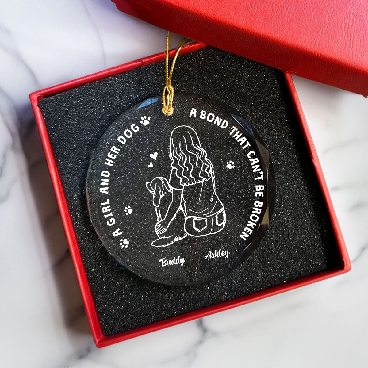 Girl And Her Dogs Outline Personalized Glass Ornament, Christmas Gift For Dog Mom