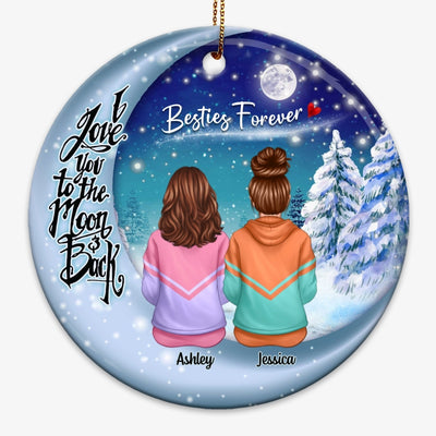 Besties Sisters Sitting On Moon Winter Personalized Circle Ornament