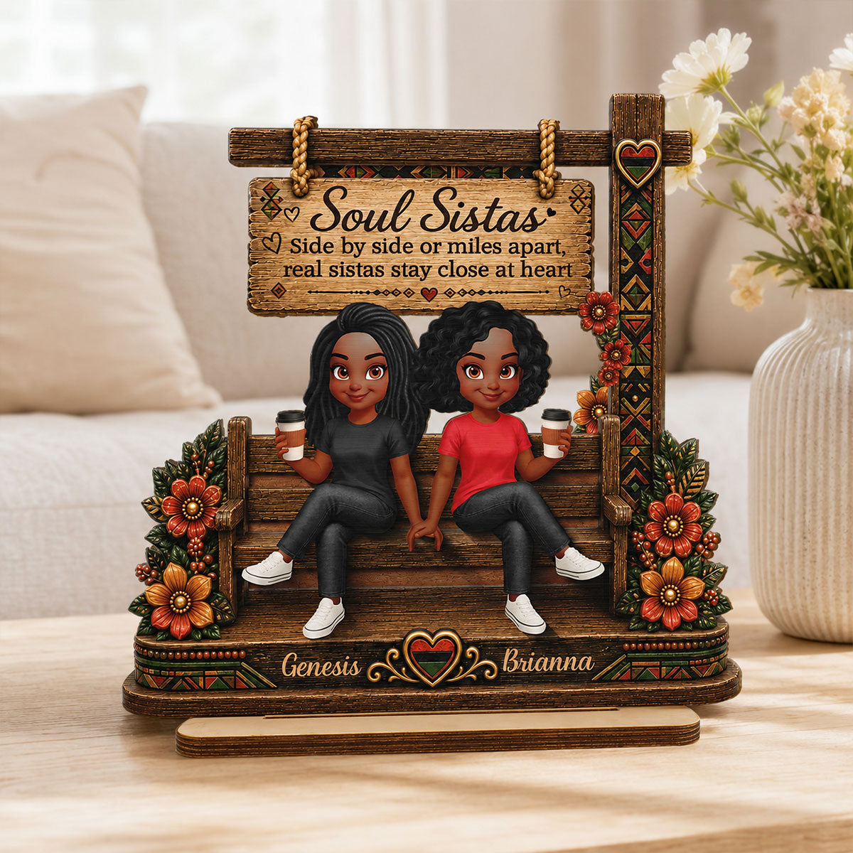Soul Sistas Sitting Under Sign Post 2D Flat Printed - Personalized 2-Layered Wooden Plaque - Friendship Keepsake