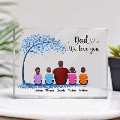 Blue Tree Best Dad Ever Back View Man Sitting With Kids Dogs Cats Personalized Horizontal Rectangle Acrylic Block