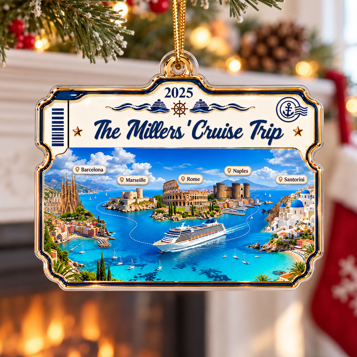Cruise Destinations Cruise Ticket Frame 2D Flat Printed - Personalized Acrylic Ornament - Cruise Trip Keepsake, Christmas Tree Decor For Family, Couples