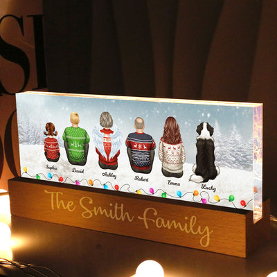 Family Back View Sitting In Snow Christmas Light Personalized Acrylic Block LED Night Light