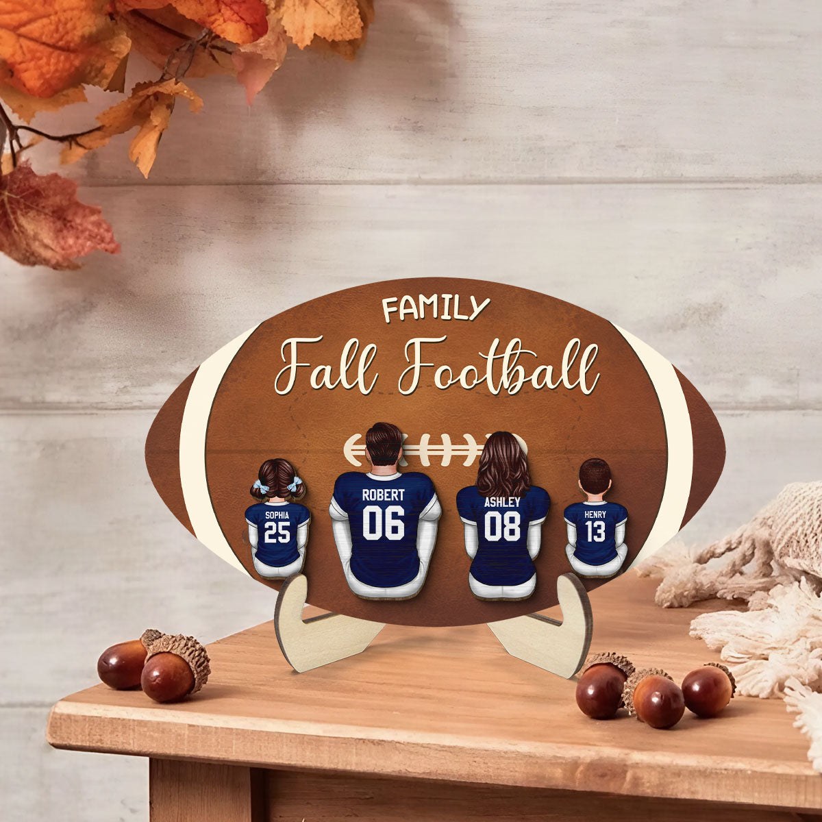Family Fall Football Family Sitting Personalized 2-Layer Wooden Plaque, Gift For Husband, Wife, Dad, Mom