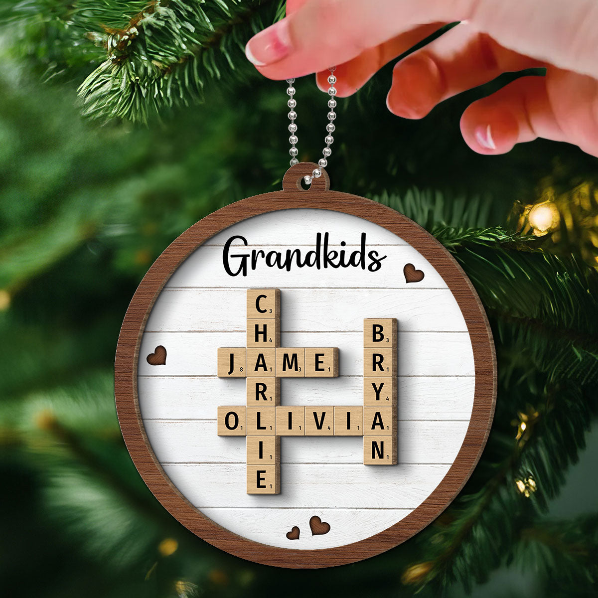 Grandkids Crossword Puzzle Art - Personalized 2-Layered Wooden Ornament - Christmas Gift For Mom, Gift For Grandma