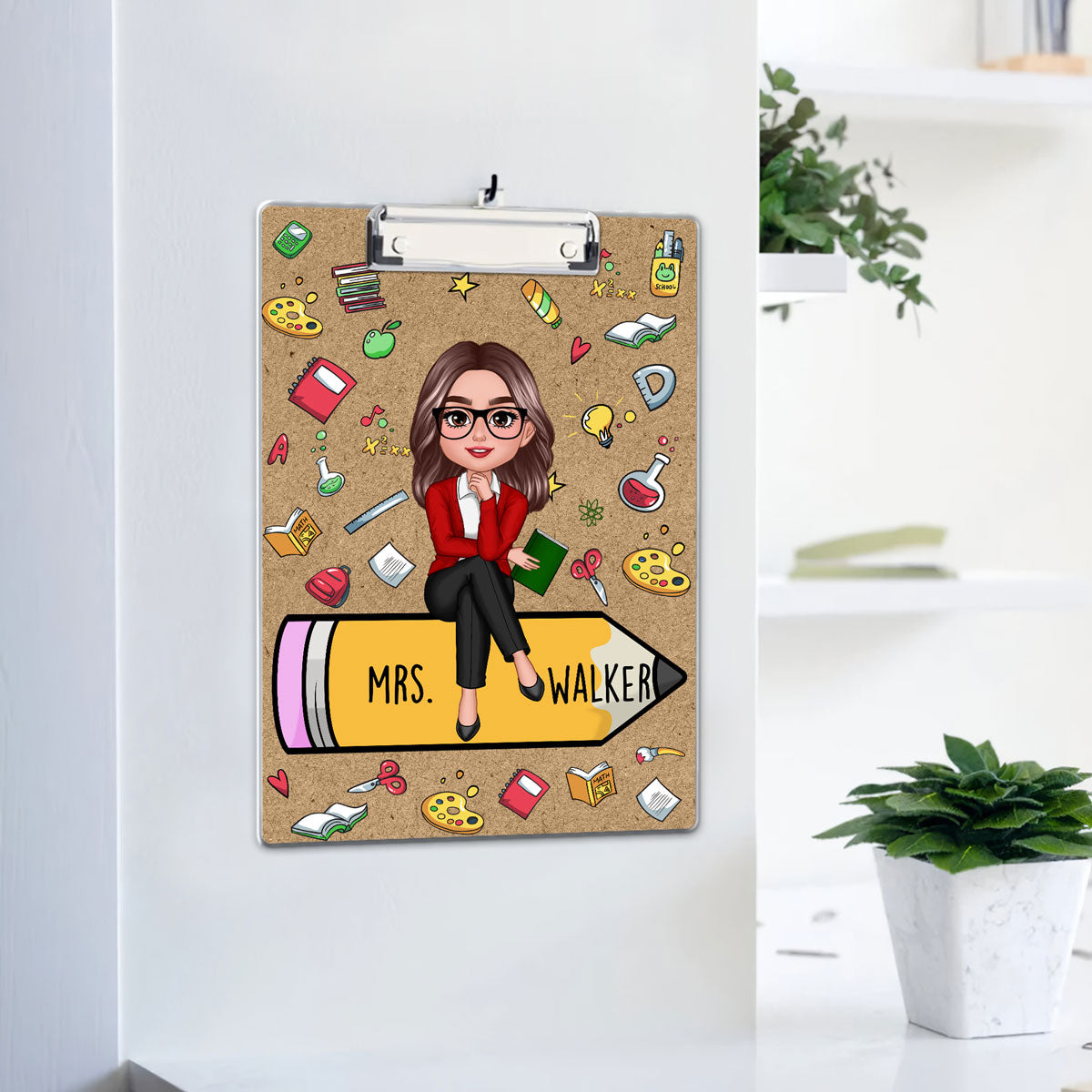 Teacher Sitting On Pencil School Things Personalized Clipboard, Gift For Teacher, Teacher Appreciation Gift, Back To School Gift