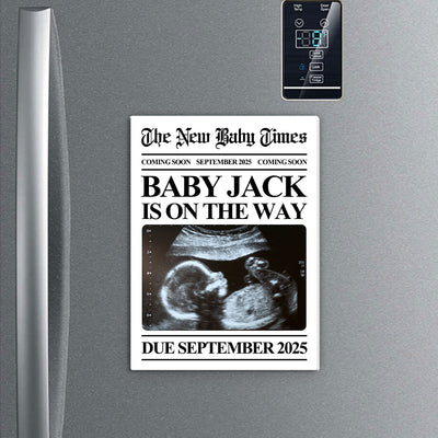 Newspaper Baby Coming Soon Personalized Acrylic Fridge Magnet, Unique Pregnancy Announcement