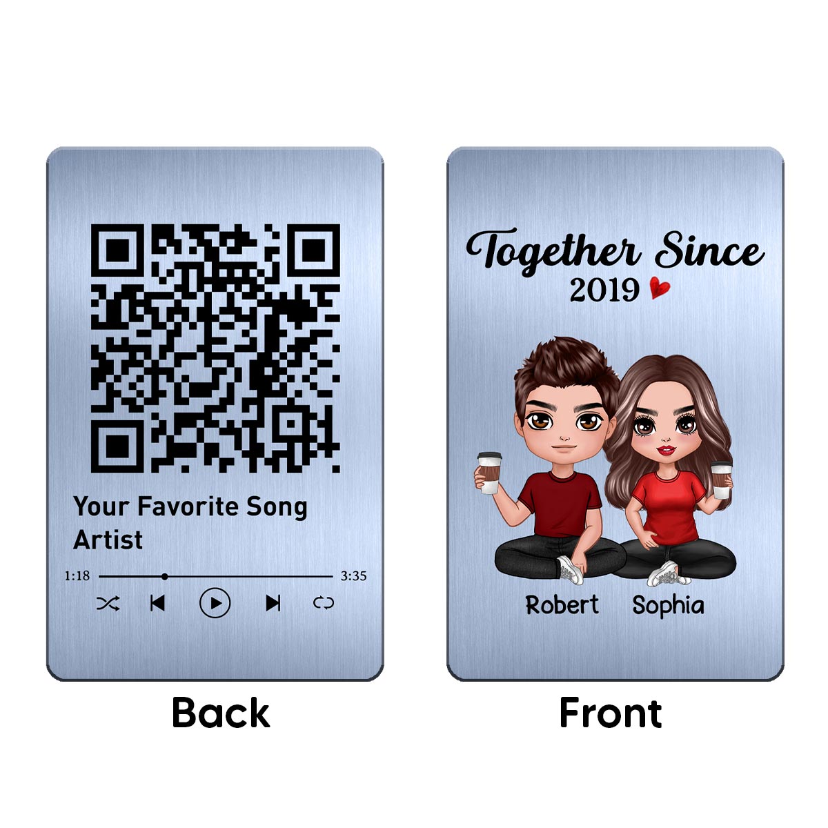 Doll Couple Sitting Together Since Favorite Song Scannable QR Code Wallet Keepsake Personalized Metal Wallet Card