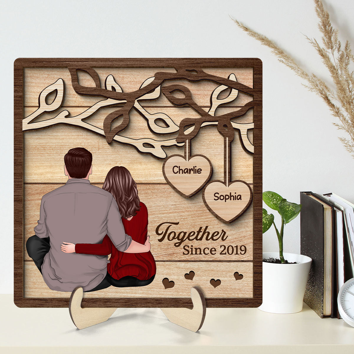 Back View Couple Sitting Under Tree Personalized 2-Layer Wooden Plaque