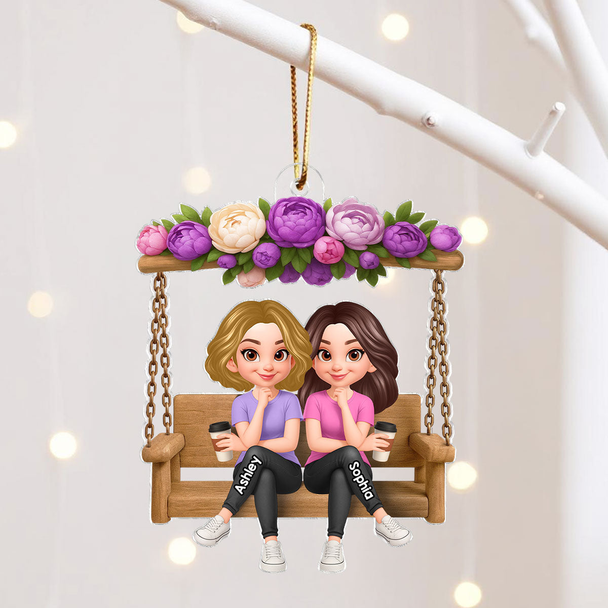 Christmas Besties Sisters On Flower Swing - Personalized Acrylic Ornament