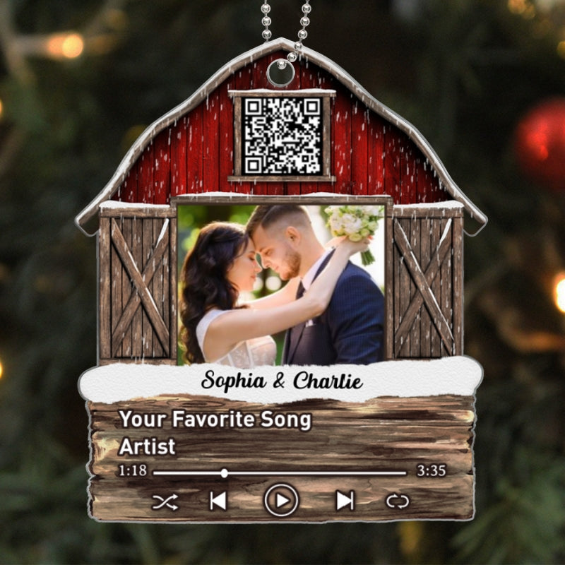 Red Barn Couple Family Friends Custom Photo Scannable QR Code Personalized Acrylic Ornament