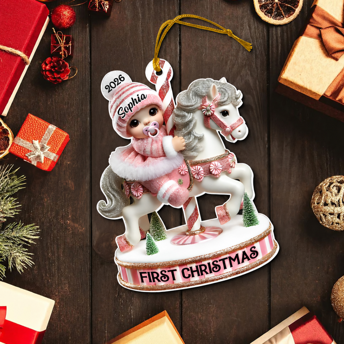 Baby's First Christmas Cute Baby On Carousel Horse Personalized Acrylic Ornament, New Parents Keepsake, Gift For Newborn