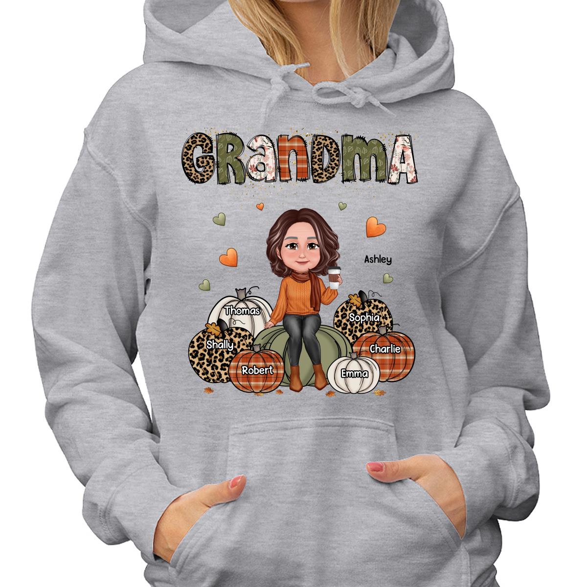 Vintage Orange & Green Grandma Patterned Pumpkins Kids Names Fall Season Personalized Shirt