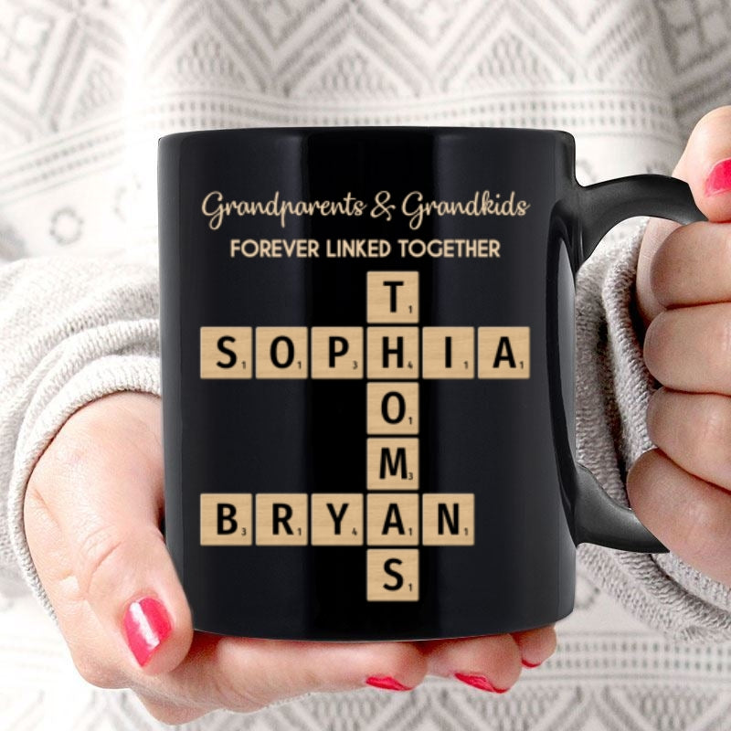 Grandparents & Grandkids Forever Linked Together Crossword Puzzle Personalized Mug, Gift For Large Family, Parent, Grandparents, Siblings, Brothers, Sisters