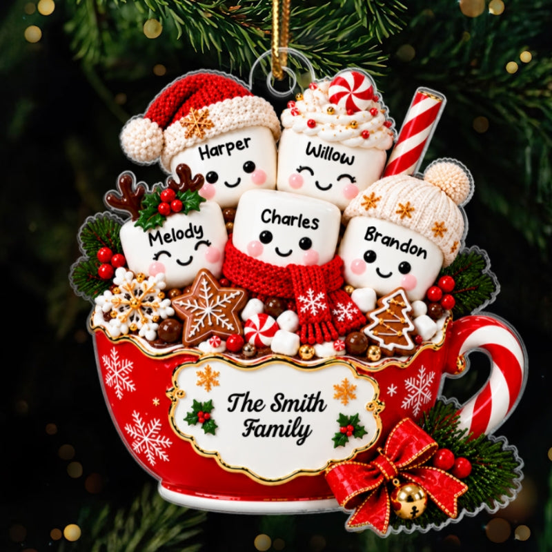 Hot Cocoa Marshmallow Family 2D Flat - Personalized Acrylic Ornament - Custom Names Family Gift
