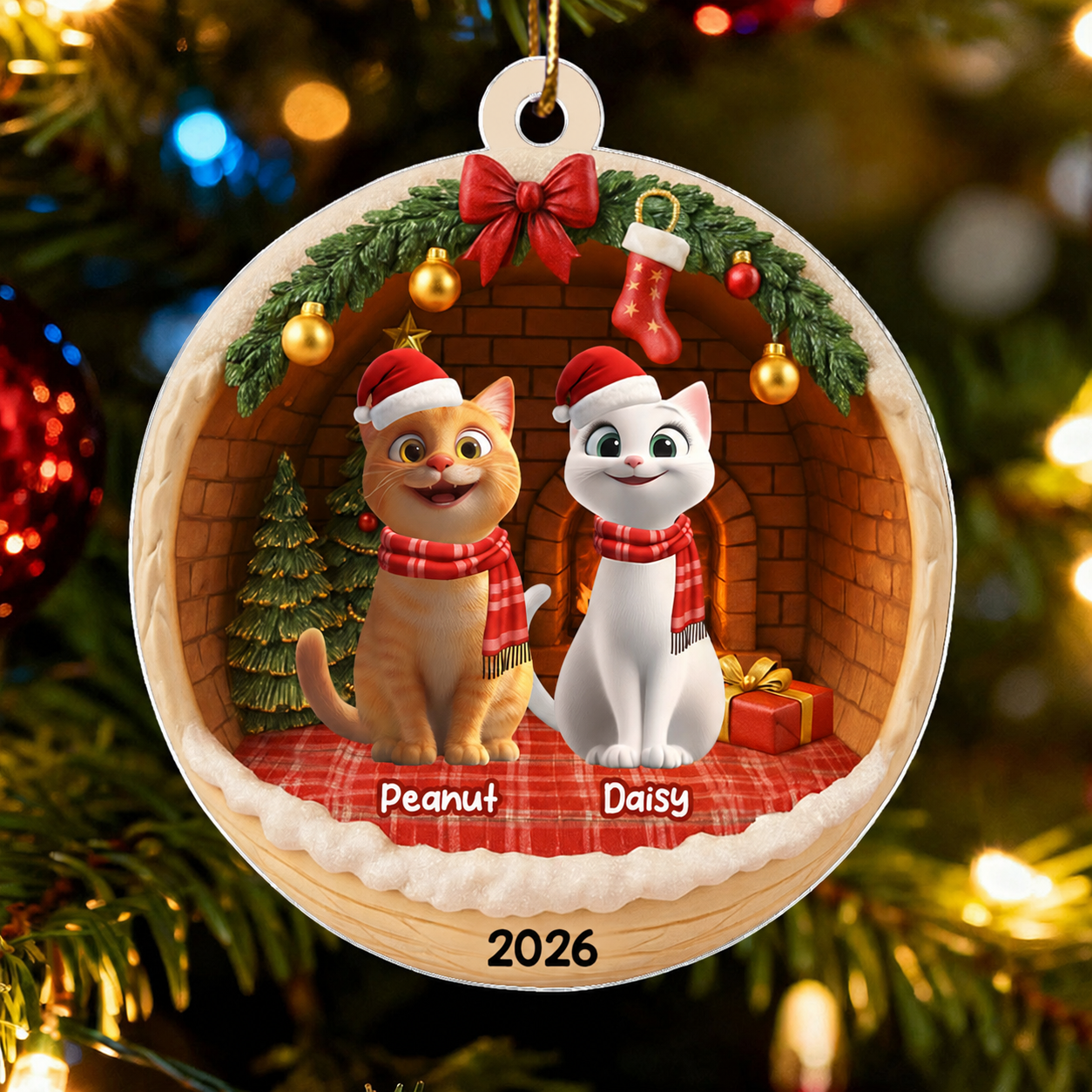 3D Christmas Cats Cozy House - Personalized Acrylic Ornament - Christmas Gift for Cat Lovers