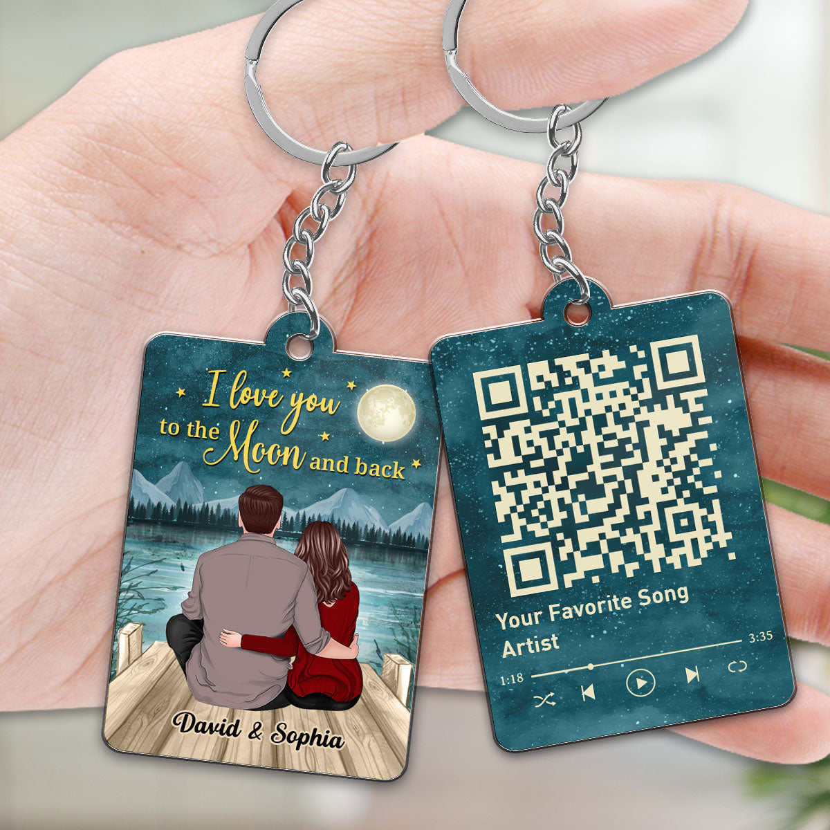 Back View Couple Sitting On Bridge I Love You To The Moon And Back Favorite Song Scannable QR Code Personalized Acrylic Keychain