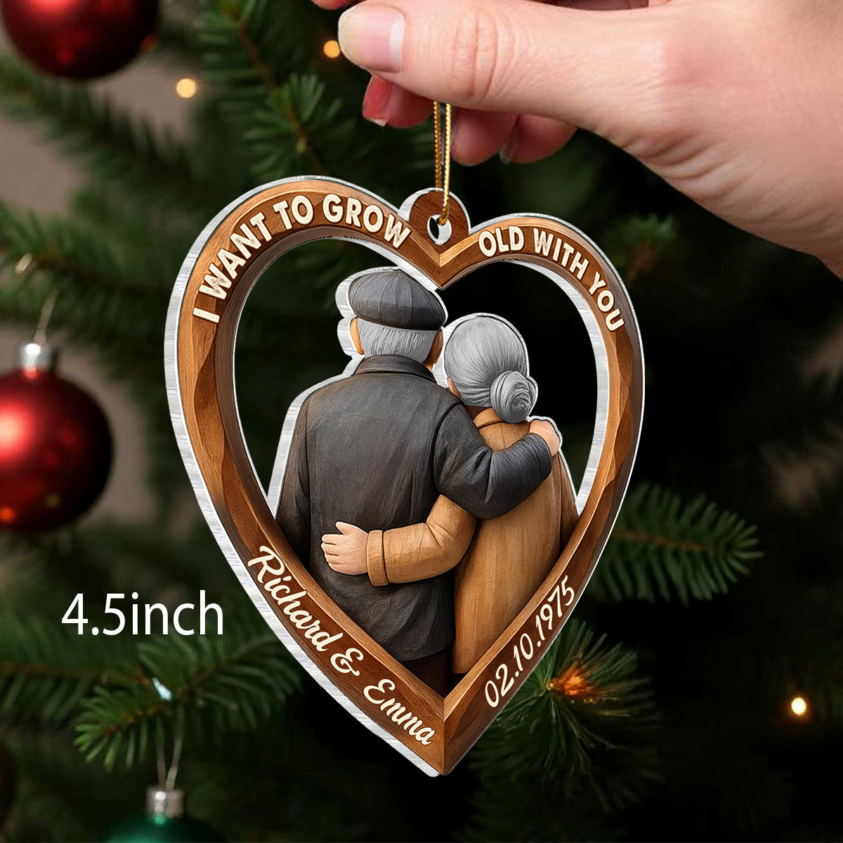 3D Effect Wooden Couple Growing Old Together - Personalized Acrylic Ornament - Christmas Gift for Couples