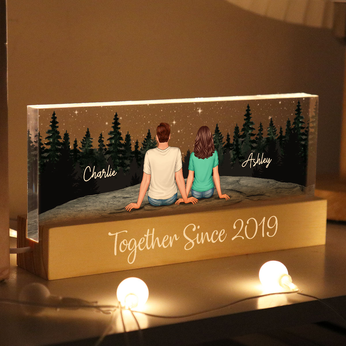 Back View Couple Stargazing Galaxy Night Personalized Acrylic Block LED Night Light, Heartfelt Gift For Couple, For Him, For Her, Boyfriend, Girlfriend, Husband, Wife