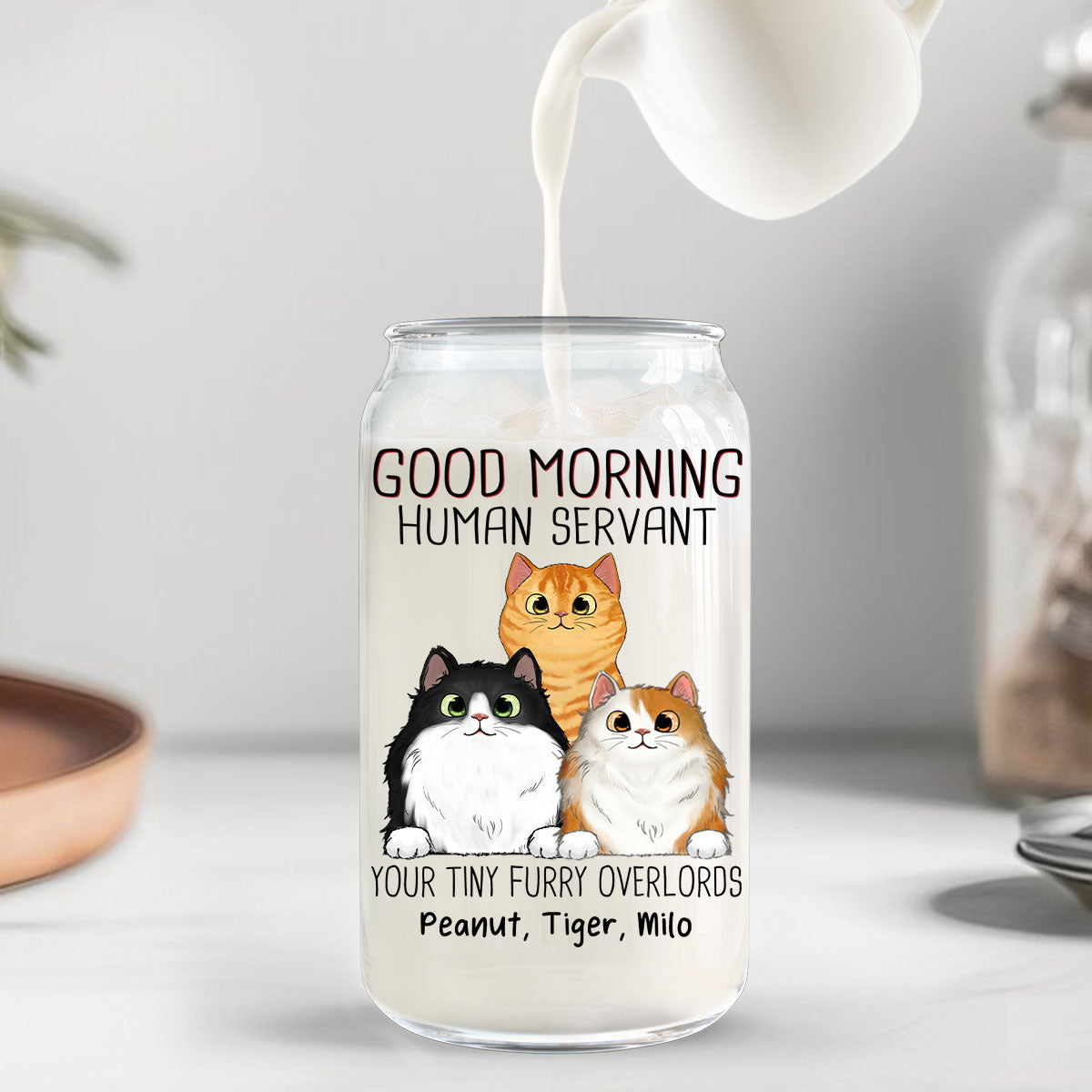 Good Morning Cat Human Servant Funny Gift For Cat Lovers Personalized Clear Glass Can