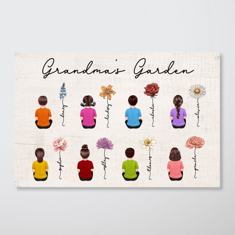 Vintage Birth Month Flowers Garden With Grandkids Names - Personalized Poster - Gift For Grandma, Mom, Auntie