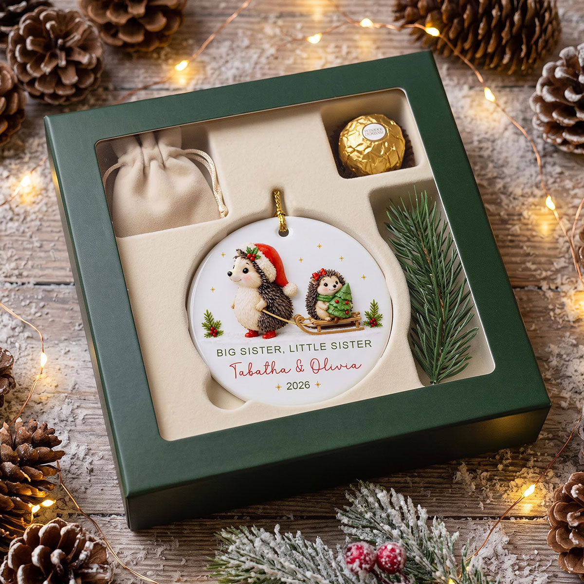 Big Sister Little Brother Sister Hedgehog 2D Flat - Personalized Ceramic Ornament - Christmas Keepsake