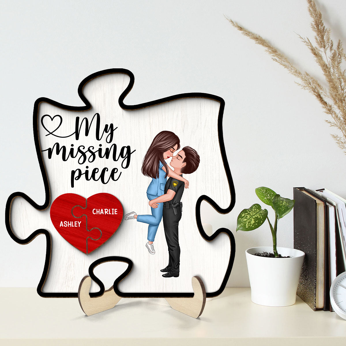 My Missing Piece Couple Hugging Kissing Valentine‘s Day Gifts by Occupation Gift For Her Gift For Him Firefighter, Nurse, Police Officer Personalized Puzzle Shaped 2-Layer Wooden Plaque