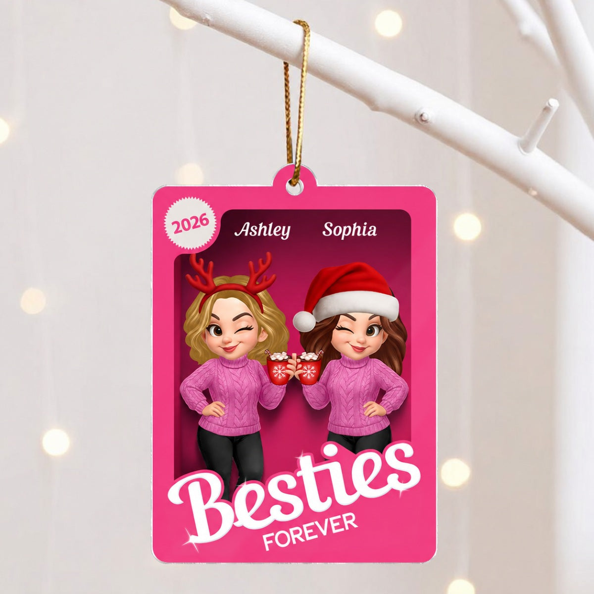 Christmas Besties Forever Pink 3D Effect Action Figure Personalized Acrylic Ornament