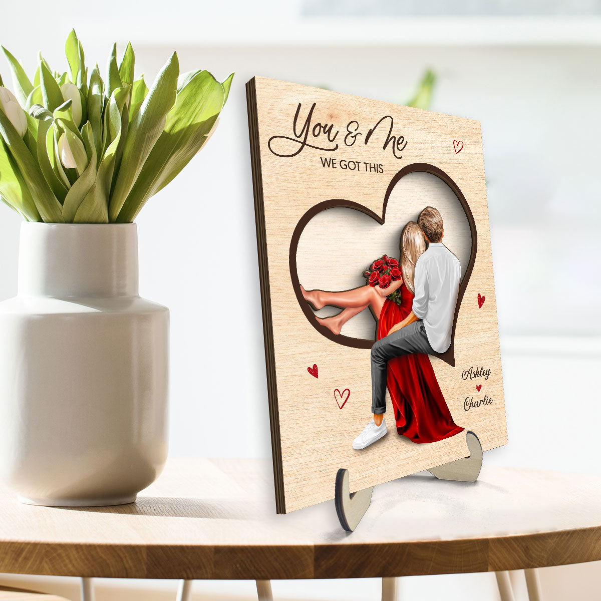 Couple Sitting On Heart Engraved Personalized 2-Layer Wooden Plaque,  gift, Anniversary Gift for Couples