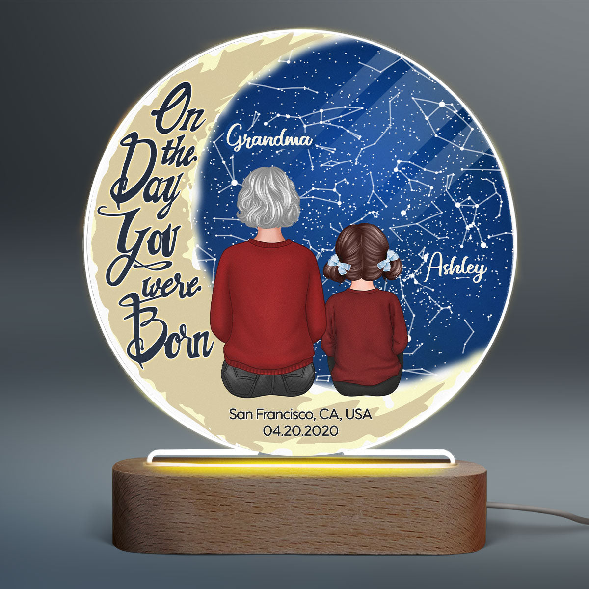 Grandma Grandkid Sitting On Moon Stargazing Star Map Personalized Circle LED Night Light