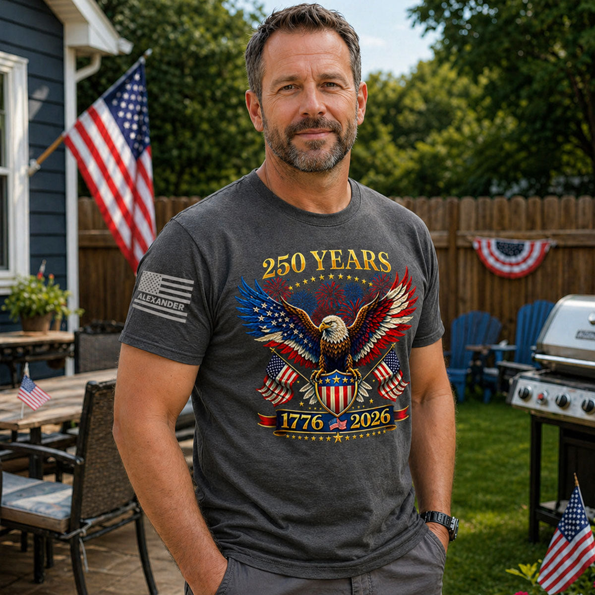 250 Years Eagle American Flag Fireworks Custom Name - Personalized Sleeve Printed Shirt - United States 250th Anniversary USA Patriotic