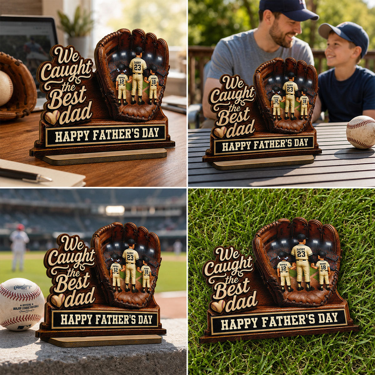 We Caught The Best Grandpa Man & Kids In Glove - Personalized 2-Layered Wooden Plaque - Happy Father's Day For Baseball Grandpa