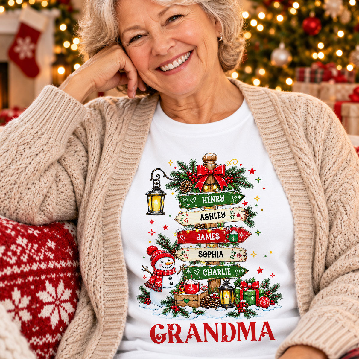 Heartwarming Christmas Signposts Custom Grandma Grandkids Names - Personalized Shirt - Christmas Gift For Grandma