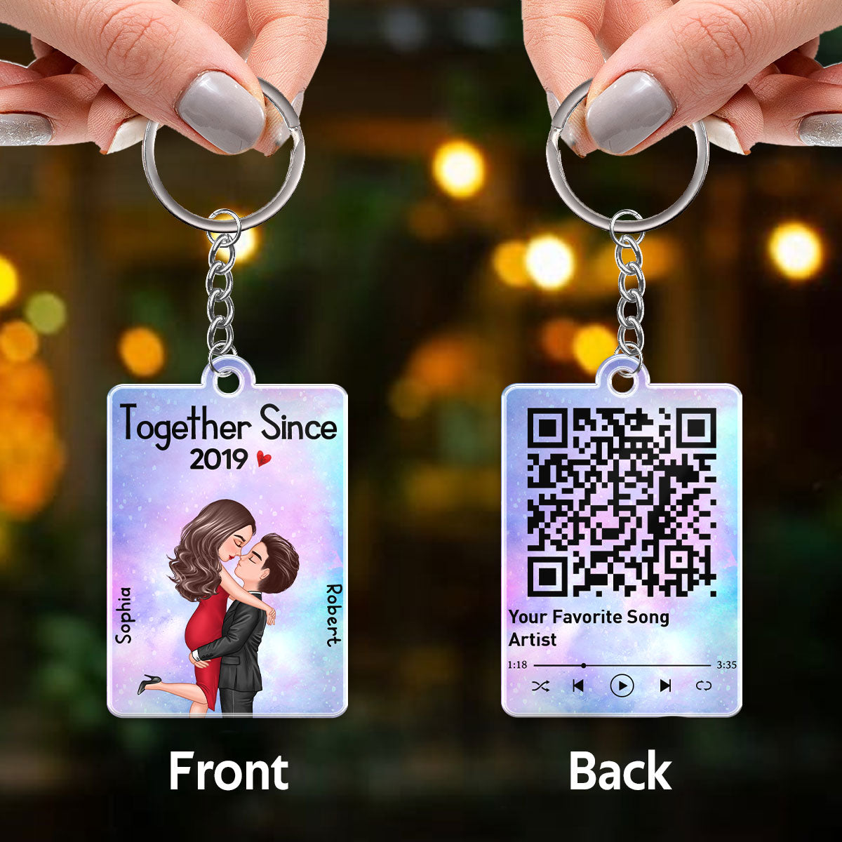 Hugging Kissing Doll Couple Together Since Favorite Song Scannable QR Code - Personalized Acrylic Keychain
