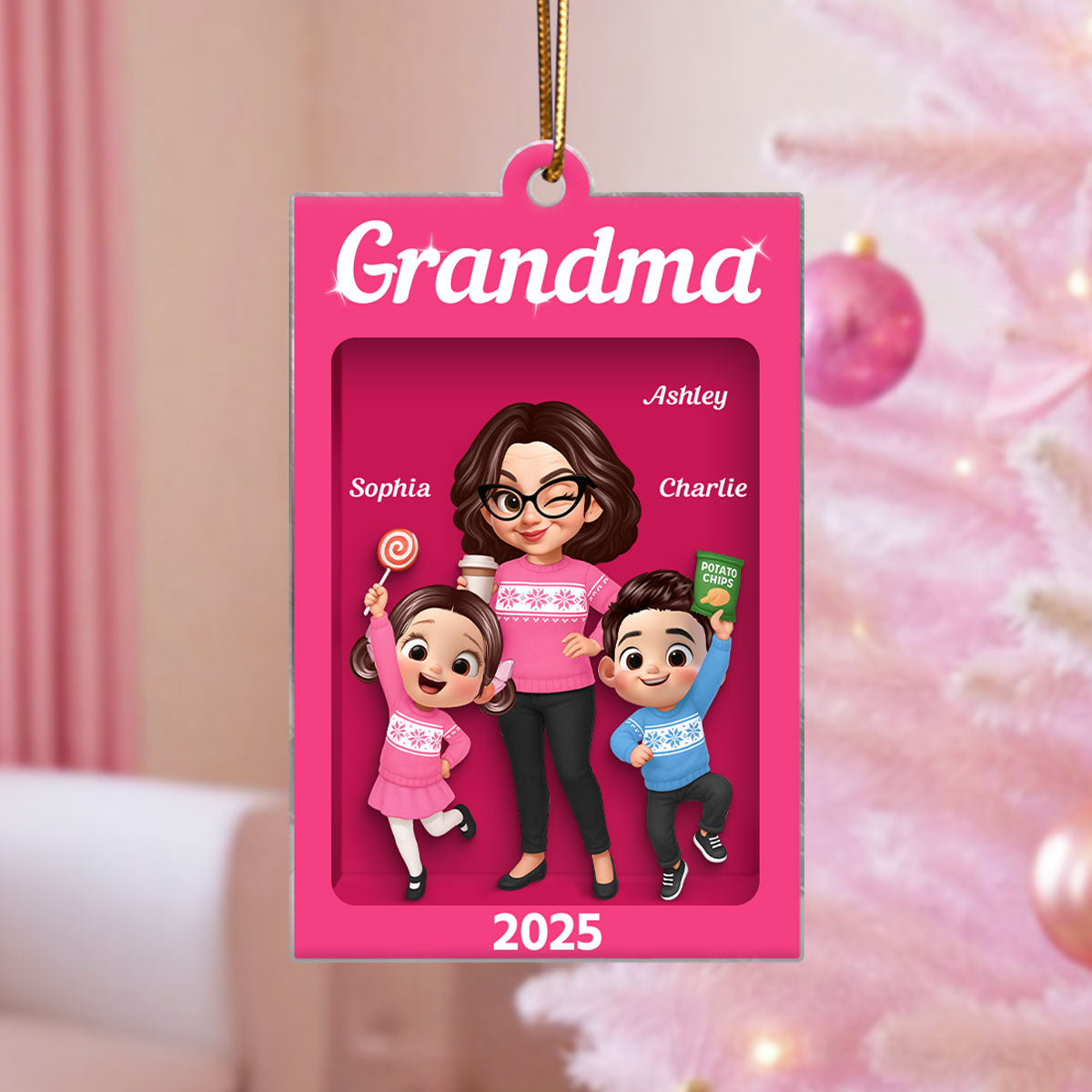 Cute Grandma And Grandkids Action Figure Personalized Acrylic Ornament - Unique Christmas Gift For Grandma
