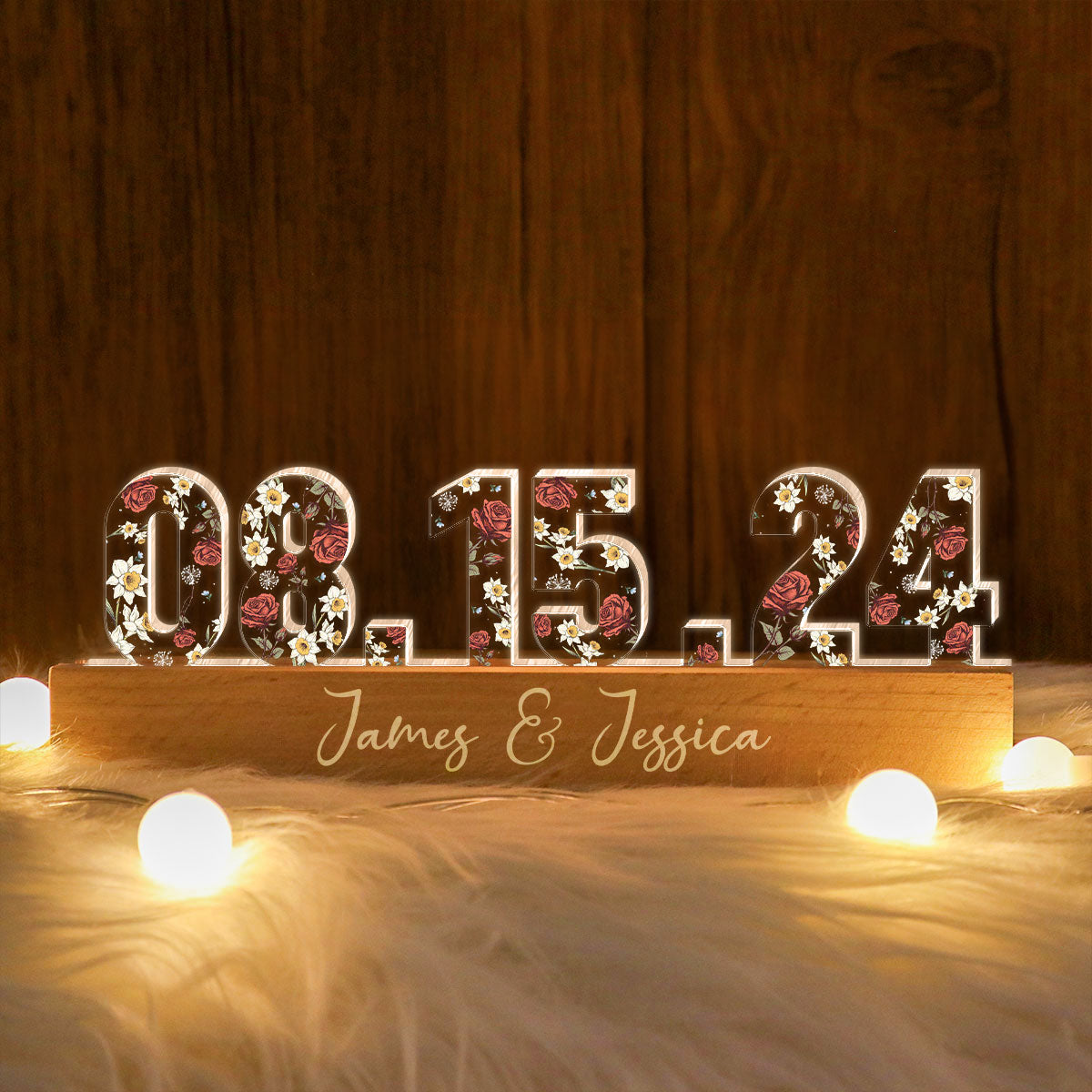 Couple Engagement Wedding Anniversary Special Date Custom Flower Printed LED Night Light, Unique Valentine's Day Gift For Him, Gift For Her