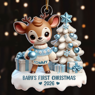3D Effect Cute Reindeer Baby's First Christmas Personalized Acrylic Ornament, Christmas Gift For Newborns, New Parents
