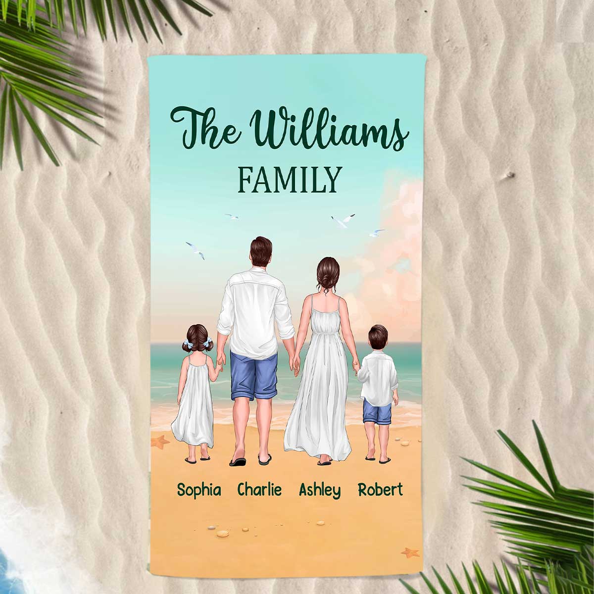 Summer Family Walking Back View Personalized Vertical Beach Towel
