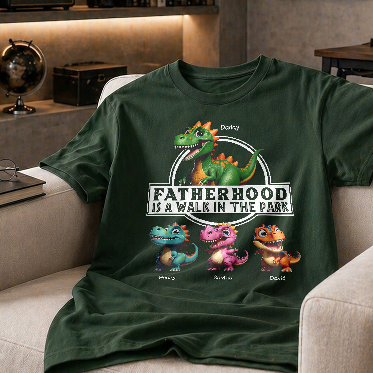 Fatherhood Is A Walk In The Park Dinosaurs Dad & Kids - Personalized Shirt - Father's Day Gift For Husband, Dad
