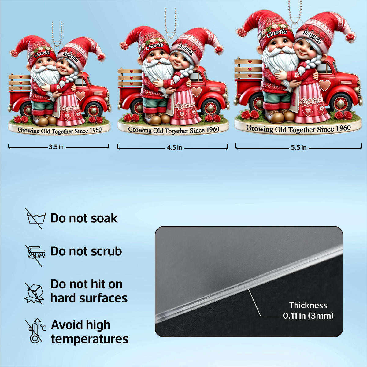3D Effect Gnome Old Couple And  Truck Personalized Car Hanger Ornament,  Gift For Couple, For Him, For Her, Husband, Wife