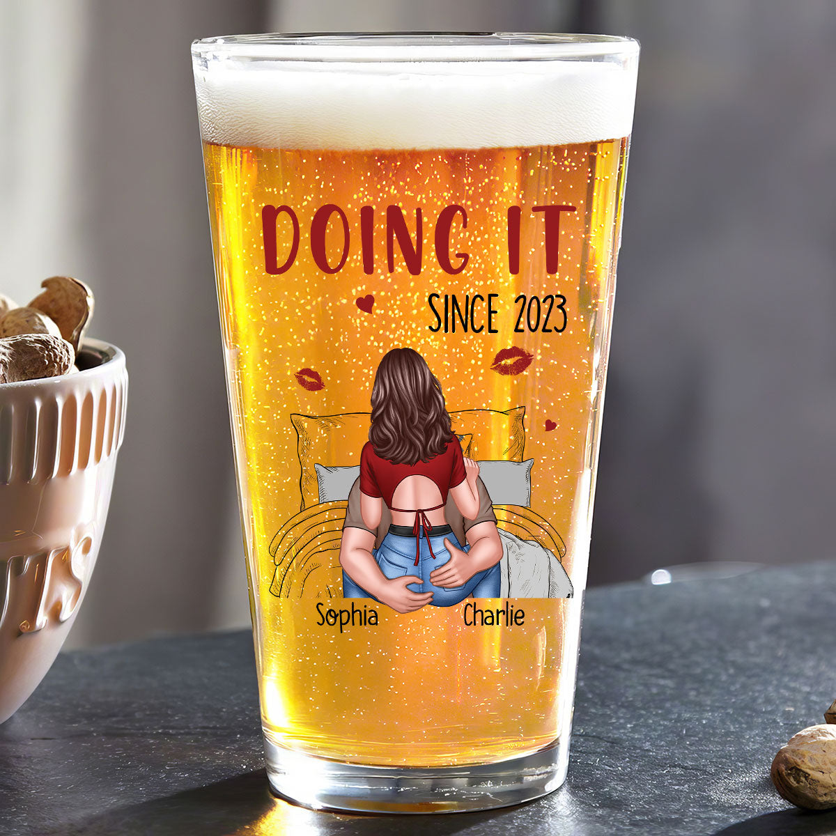 Congrats On Being My Husband Man Embracing Woman Back View Personalized Beer Glass