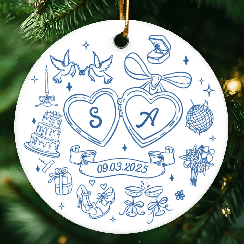 Couple Initials Locket Coquette Doodle Personalized Ceramic Ornament, First Christmas Gift, Married, Engagement Gift for Couples