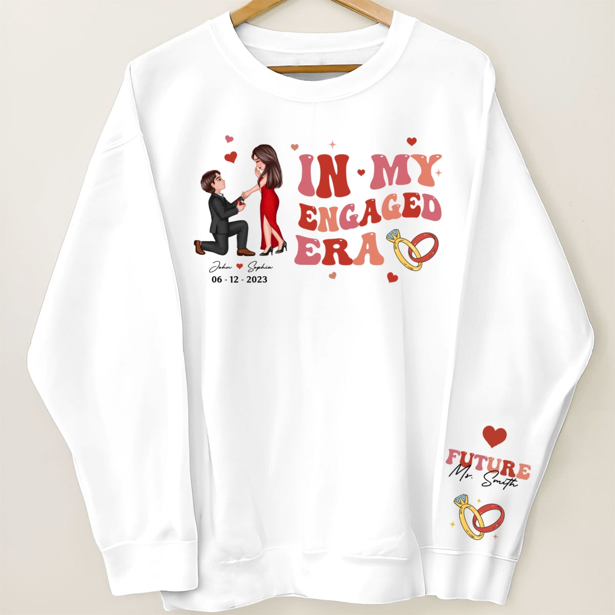 In My Engaged Era Proposing Couple Personalized Sleeved Printed Sweatshirt,  Gift, Engagement Gift For Her, Gift For The Bride-To-Be