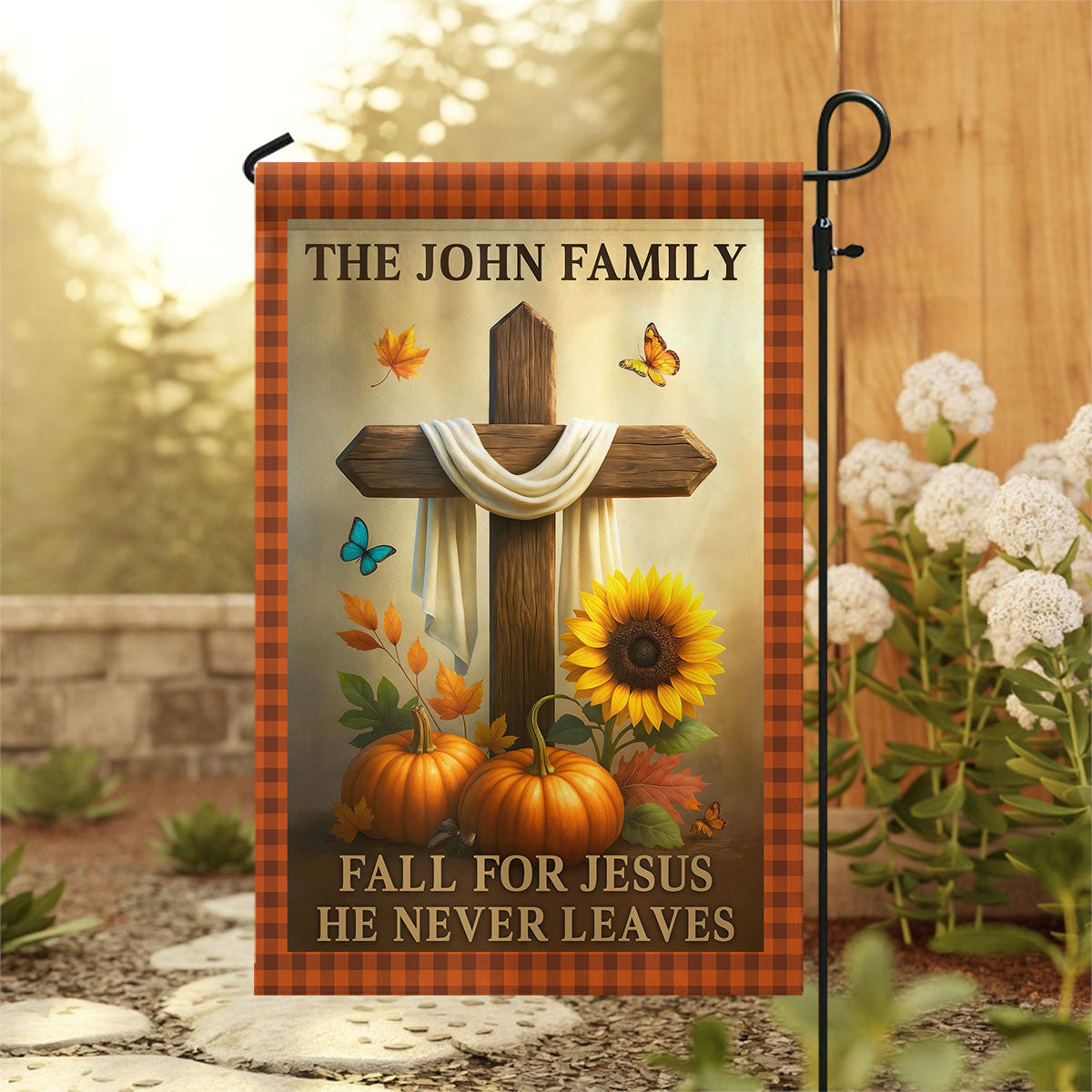 Fall for Jesus He Never Leaves Personalized Garden Flag, Fall Decor