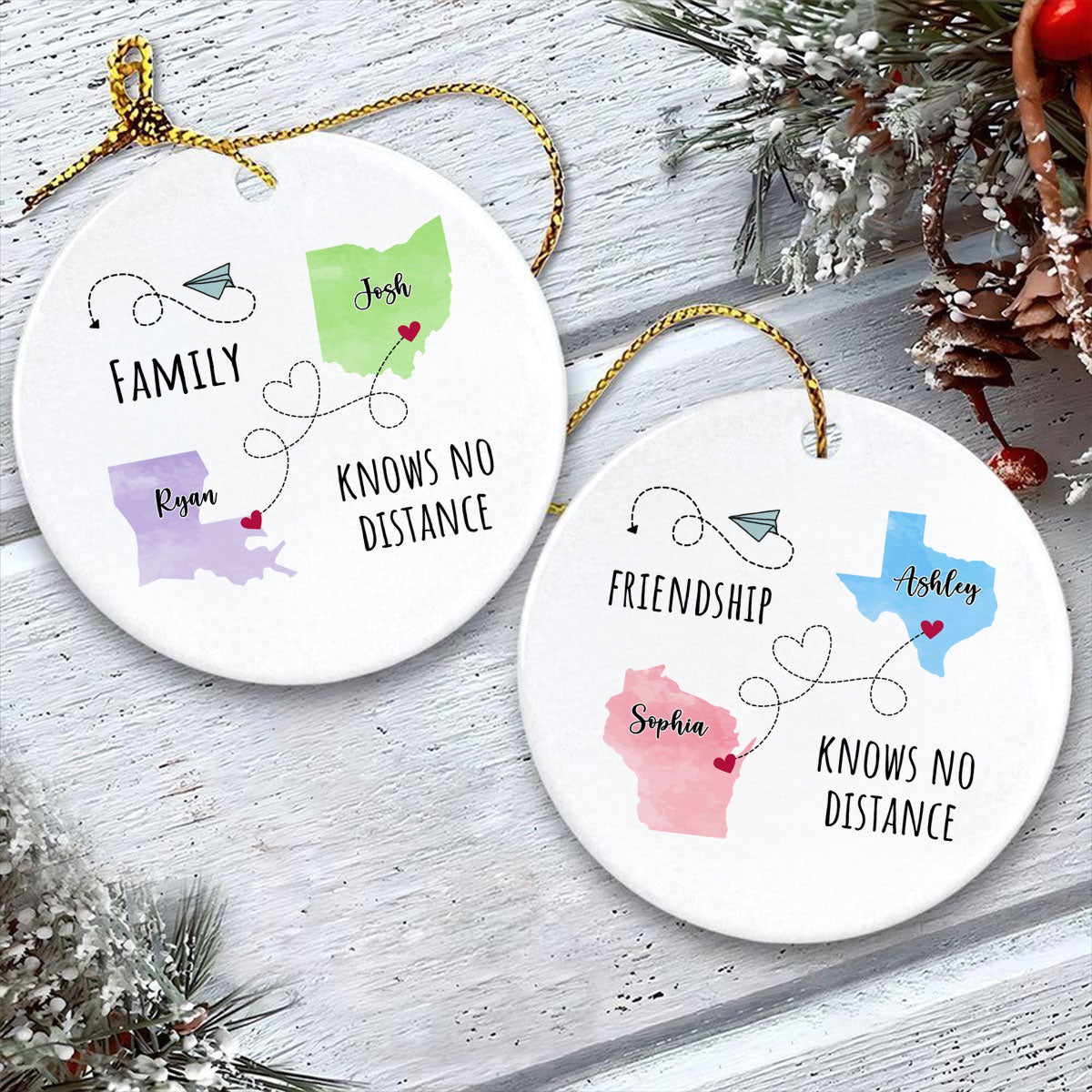 Friendship Sisters Family Love Knows No Distance Personalized Circle Ceramic Ornament, Long Distance State To State Togetherness Gift