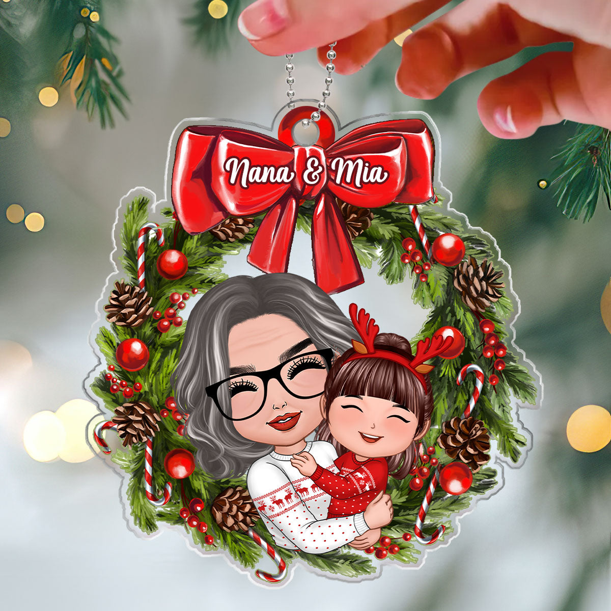 Doll Grandma Hugging Kid In Wreath Christmas Gift For Granddaughter Grandson Personalized Acrylic Ornament