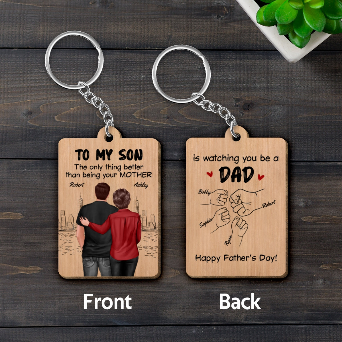 From Mom To Son Watching You Be A Dad Personalized Wooden Keychain, Gift For Son